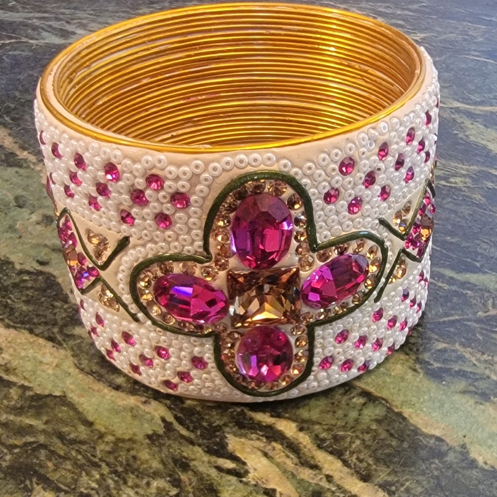 NEW LARGE PINK CRYSTAL FLORAL FAUX PEARLS WIDE CUFF BRACELET  2" TALL